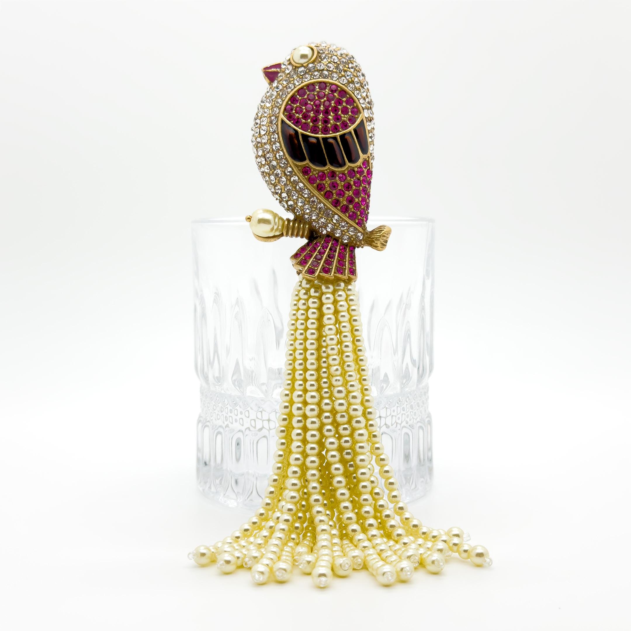 French Vintage Bird with Tassel Brooch, Elegant Brooch, Coat Brooch, Long Tassel Brooch, Unique Brooch, Art deco brooch