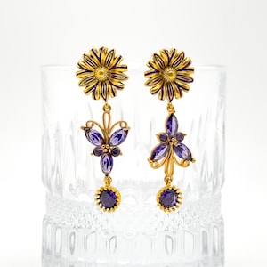 French Vintage Purple Butterfly Earrings, Royal Style Earrings, 3D Flower Earrings, Ethnic  Earrings, Fashion Earrings, Elegant Earrings