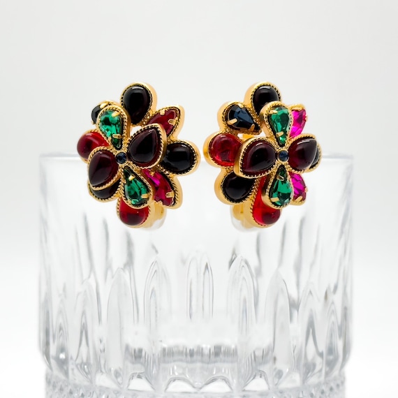 French Vintage Colored Glass Earrings, Colored Earrings, 3D Flower