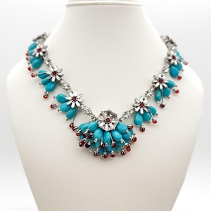 French vintage turquoise flower necklace, jewelry set, summer necklace, birthday gift, party necklace