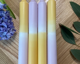 Dip Dye Kerzen Butter Yellow Flieder | Hochzeitsdeko, Gastgeschenk, Eventkerzen, Pastell Tischdeko Gelb Lila | Unikat
