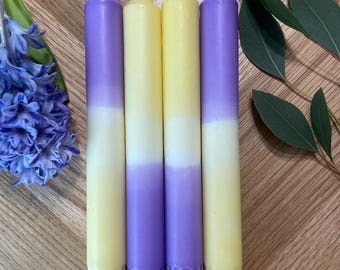 Dip Dye Kerzen Butter Yellow Flieder | Handgetaucht | Hochzeitsdeko, Gastgeschenk, Eventkerzen, Boho Dekoration | Unikat