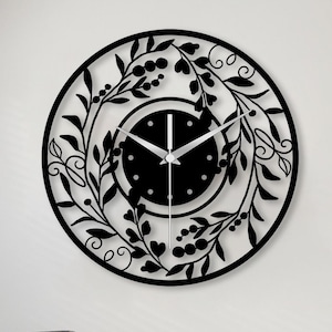 Oversized Floral Metal Wall Clock: Silent, Black, Botanical Decor