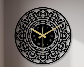 Ornate Roman Numeral Metal Wall Clock - Vintage Style Oversized Black Metal Decor - Unique Gift - Large Silent Clocks for Wall,