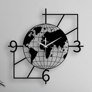 Reloj de pared con mapa del mundo geométrico: decoración extragrande para viajeros globales, arte de pared decorativo silencioso, decoración de pared de metal extragrande, idea de regalo