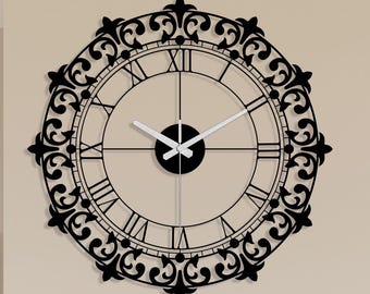 Black Roman Numeral Clock, Large Ornate Wall Decor, Vintage Metal Wall Clock, Handmade Clock for New Home Gift