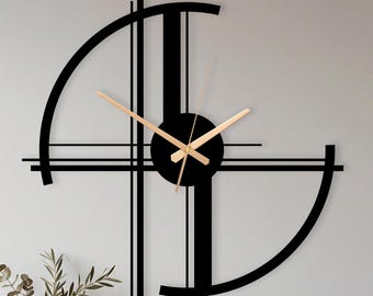 Reloj de pared moderno de metal, reloj de pared geométrico negro, reloj grande silencioso, decoración de pared minimalista hecha a mano para la sala de estar.