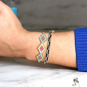 Geometric Miyuki Heart Bracelet Set with Gold Accents and Chain, Unique Loom Bracelet Gift for Friend, Girlfriend, Mom