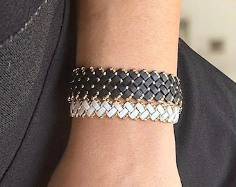 Miyuki Tila Beaded Bracelet, Black and White, Gold Accents