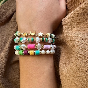 Heishi Bead Bracelet, Fimo Candy Bracelet, Gold Celestial Star Charm