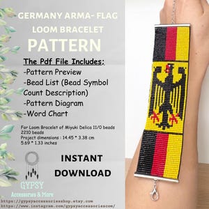 May include: A beaded loom bracelet pattern for a German flag design. The pattern includes a bead list, a pattern diagram, and a word chart. The bracelet is 5.69 inches by 1.33 inches and uses 2210 Miyuki Delica 11/0 beads.