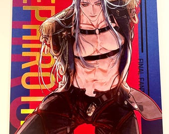 May include: A digital illustration of a man with long silver hair, wearing a black and gold military-style jacket, black pants, and a black harness. The background is red with blue and black stripes. The text "SEPHIROTH" is written in gold on the left side of the image and "FINAL FAN" is written in white on the right side of the image.