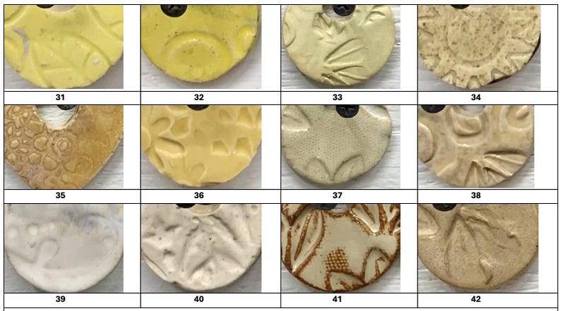 May include: A collection of ceramic pendants with various textures and colors. The pendants are round with a hole at the top for hanging. Colors include yellow, beige, and off-white. The textures include leaf patterns, dots, and abstract designs.