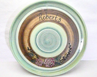 Personalized Stoneware Wedding Platter: Rose Bouquet Design