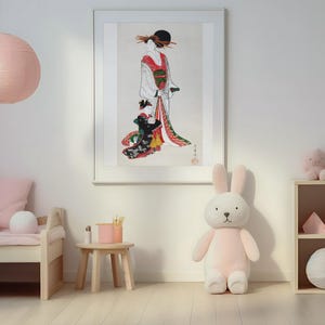 Japanese Mother and Child Wall Art Print - Japanese Scenery Wall Art | Traditional Asian Landscape and Woman | Elegant Asian Family Art