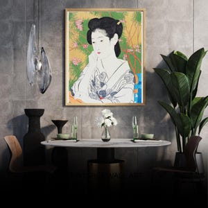 Vintage Japanese Geisha Brushing Hair on Blue Floral Background | Woman in Kimono | Elegant Oriental Fine Art Print, Unique Wall Decor