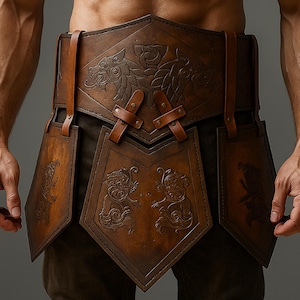 Viking Leather Broad Belt | Engraved Wide Leather Wolf and Dragon Tasset  Belt for Cosplay
