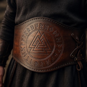 Viking Leather Broad Belt | Engraved Valknut Leather Celtic Fantasy Belt For Cosplay and Roleplay