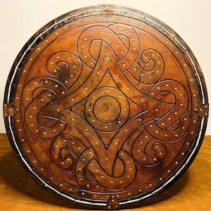 Leather Viking Shield | Handmade Leather Covered Viking Warrior Shield For Cosplay and Home Decor