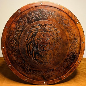 Bouclier de lion médiéval en cuir fait main pour la décoration intérieure et bouclier cadeau
