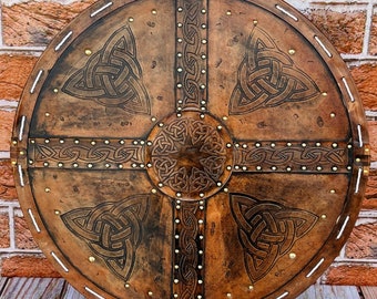 Handmade Leather Viking Shield: Brass & Wood, Celtic Design