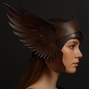 May include: A brown leather helmet with intricate wing detailing. The helmet features a central crest and is adorned with meticulously crafted, layered wings on each side, secured with small brass rivets. The design evokes a sense of fantasy and craftsmanship.