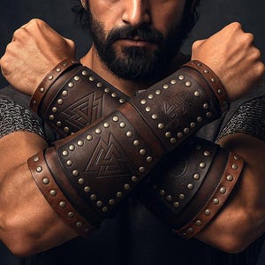 Leather Arm Bracer | Norse Symbols Engraved Leather Bracer Viking Bracer Arm Guard Pair Of Two For Costume Leather Armor