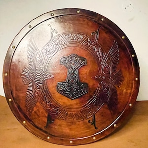Viking Leather Shield: Eivor Valhalla Raven Mjölnir Design