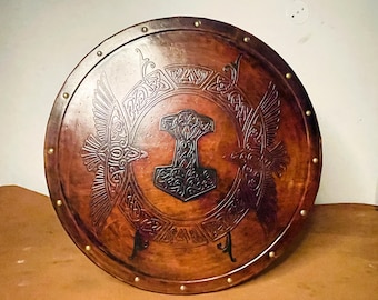 Viking Leather Shield: Eivor Valhalla Raven Mjölnir Design