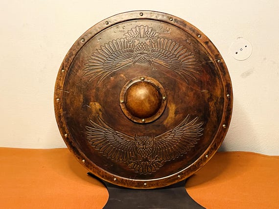 Handmade Leather Viking Shield: Owl Design, Brass & Wood - 18/24 Inch
