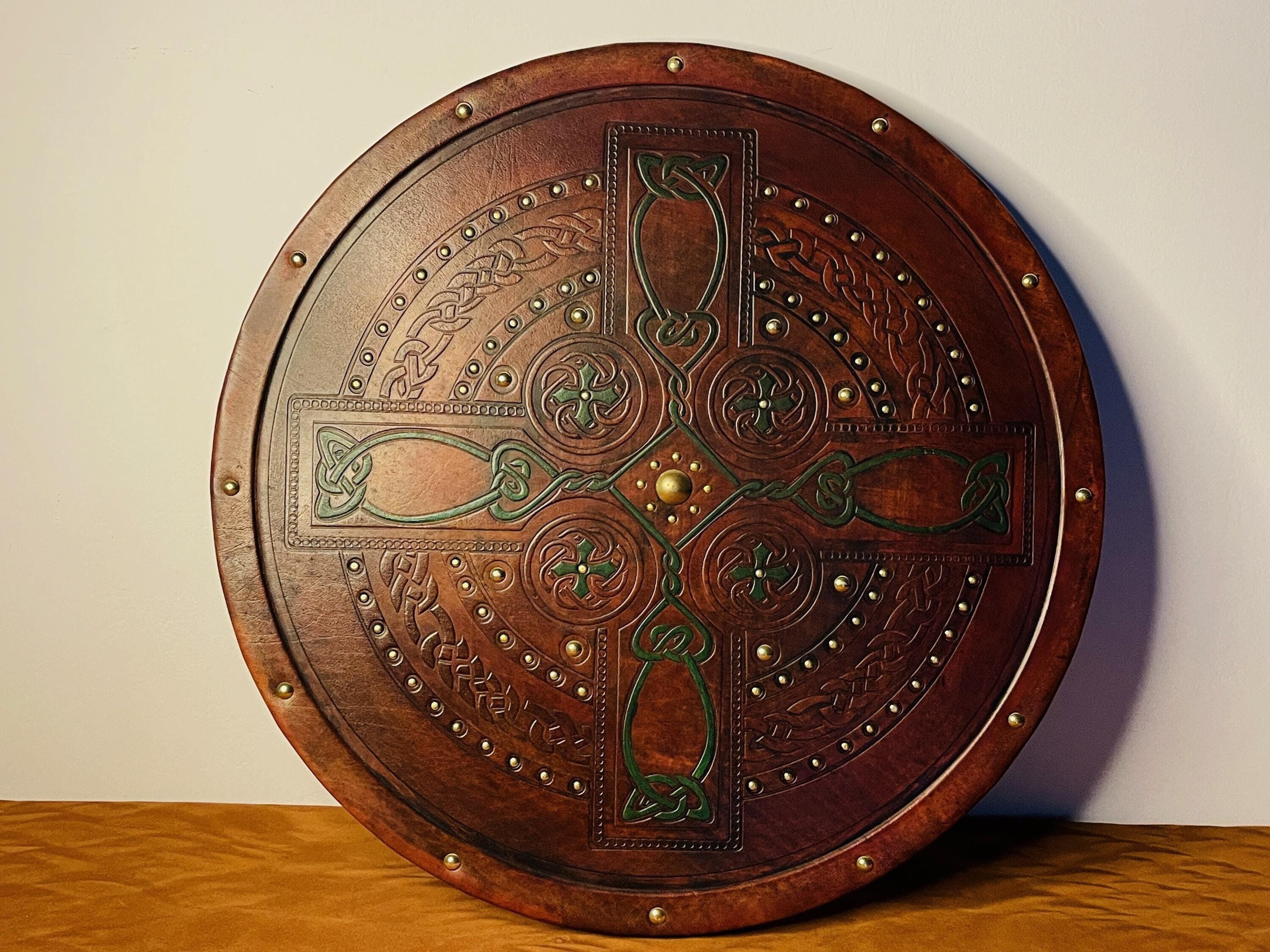 Handmade Leather Scottish Targe Shield: Celtic Cross, Viking Decor