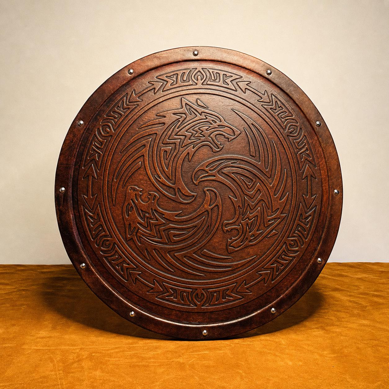 Wolf Emblem Leather Shield Medieval Tribal Wall Hanging Rustic Fantasy Decor