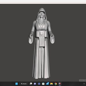 Könnte beinhalten: Eine 3D-gedruckte Figur einer bekleideten Figur mit Kapuze, die mit den Armen an den Seiten steht. Die Figur hat eine lange, fließende Robe und ein detailliertes Gesicht. Der Hintergrund ist ein grauer Computerbildschirm.