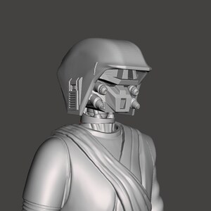 K&ouml;nnte beinhalten: Ein graues 3D-Modell einer Figur, die einen Helm mit Visier und eine lange, flie&szlig;ende Robe tr&auml;gt.