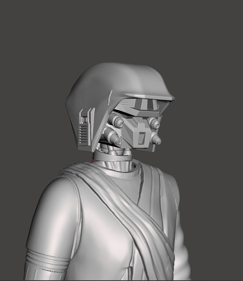 K&ouml;nnte beinhalten: Ein graues 3D-Modell einer Figur, die einen Helm mit Visier und eine lange, flie&szlig;ende Robe tr&auml;gt.