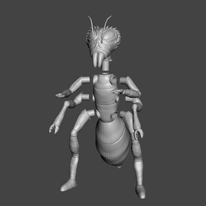 May include: A gray, segmented, articulated model of an ant. The model is posed standing with its legs spread out. The model is made of plastic and has a detailed, realistic design.