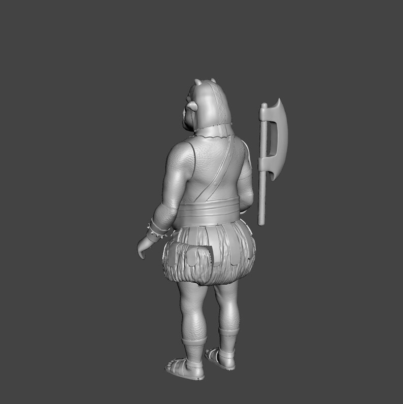 May include: A gray 3D printed figurine of a fantasy creature with horns, wearing a loincloth and carrying an axe on its back.