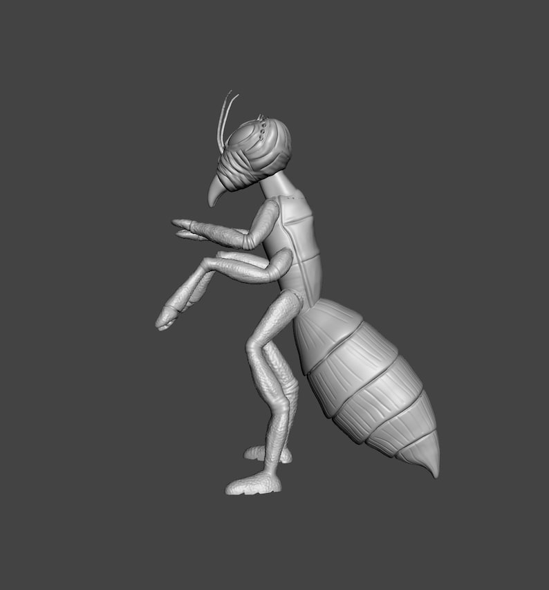 May include: A 3D printed model of a grey ant with segmented legs and a long, segmented abdomen.