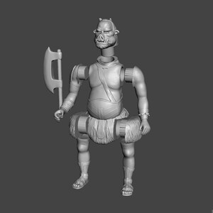 May include: A gray, 3D printed action figure of a pig-like creature with a large axe. The figure is segmented at the shoulders, elbows, hips, and knees, suggesting it is articulated.