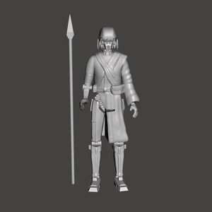 K&ouml;nnte beinhalten: Eine graue Plastik-Actionfigur eines Charakters aus dem Star Wars-Franchise. Die Figur h&auml;lt eine Lanze und tr&auml;gt einen Helm und eine lange Robe.