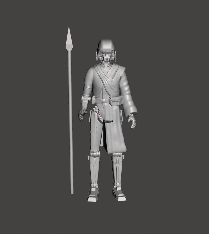 K&ouml;nnte beinhalten: Eine graue Plastik-Actionfigur eines Charakters aus dem Star Wars-Franchise. Die Figur h&auml;lt eine Lanze und tr&auml;gt einen Helm und eine lange Robe.
