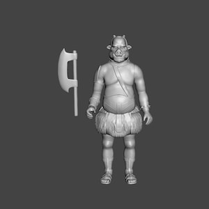 May include: A gray plastic figurine of a humanoid creature with a pig-like snout, wearing armor and a skirt, holding a gray plastic axe.