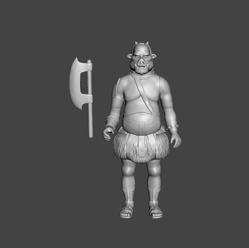 May include: A gray plastic figurine of a humanoid creature with a pig-like snout, wearing armor and a skirt, holding a gray plastic axe.