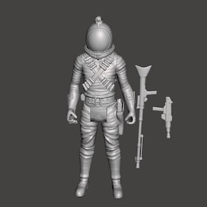Puede incluir: Una figura de acción de plástico gris de un explorador espacial que lleva un casco y un cinturón de herramientas con bolsas. La figura sostiene un arma larga y delgada en una mano y un arma más corta en la otra. La figura está de pie sobre un fondo gris.