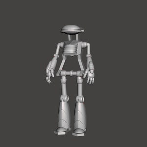 May include: A gray, articulated robot with a rounded head and a segmented body. The robot has a cylindrical torso and long, slender limbs.