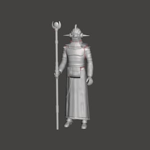 May include: A gray, detailed, 3D printed figurine of a character wearing a helmet and holding a staff with a crescent moon on top. The character is wearing a long robe and has a belt with a pouch.