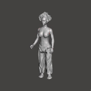 Pode incluir: Um modelo 3D cinza de uma figura feminina com um penteado detalhado, vestindo um top de biquíni e calças. A figura tem um colar e pulseiras.