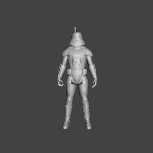 May include: A grey plastic action figure of a Star Wars Stormtrooper. The figure is wearing a helmet with a black visor and a white and grey suit. The figure is standing with its arms by its sides.