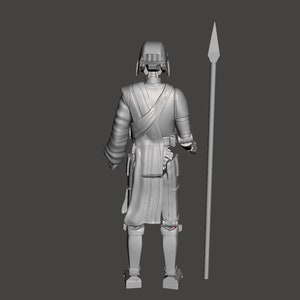K&ouml;nnte beinhalten: Eine graue 3D-gedruckte Actionfigur eines Charakters mit Helm und Speer. Die Figur steht auf einem grauen Hintergrund.