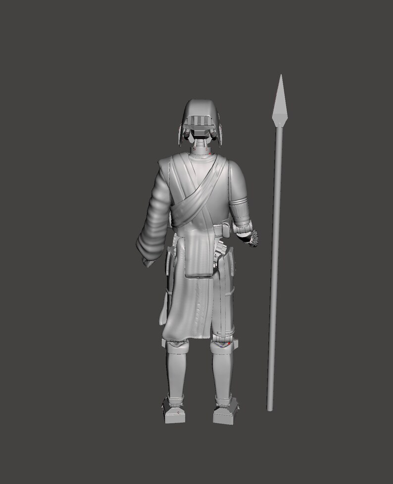 K&ouml;nnte beinhalten: Eine graue 3D-gedruckte Actionfigur eines Charakters mit Helm und Speer. Die Figur steht auf einem grauen Hintergrund.